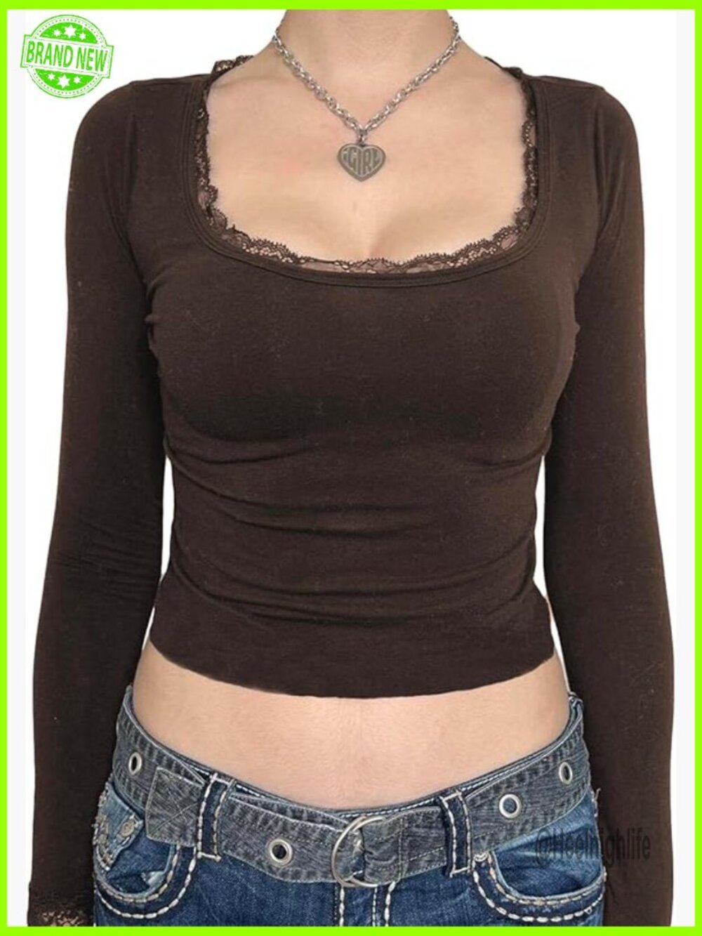 Y2K Long Sleeve Crop Top Lace Trim Square Neck Slim Fit Streetwear